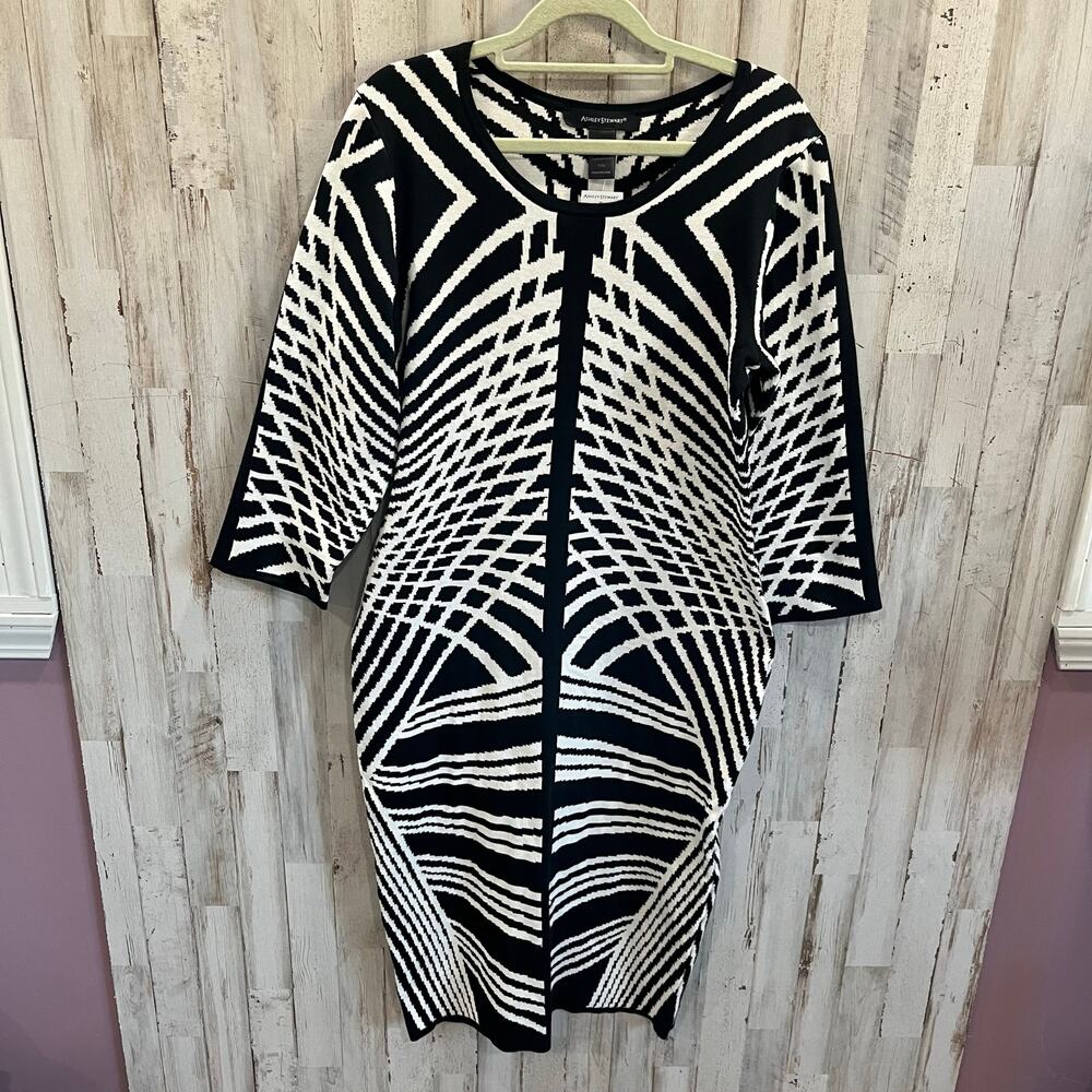 New Ashley Stewart Mirror Black White Knit Midi Bodycon Dress Womens 10W